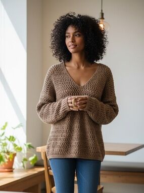 Chunky brown Crochet V-Neck Women's Sweater